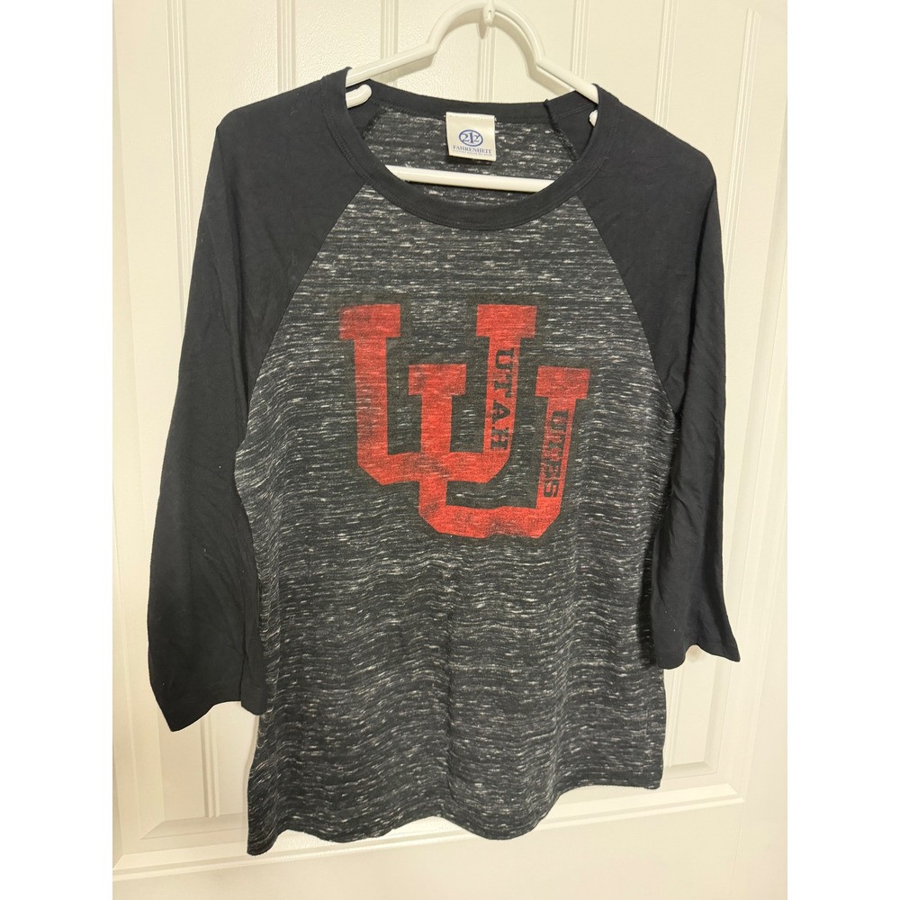 Fahrenheit Utah Utes Shirt Mens Medium Black Grey Raglan 3/4 Sleeve Space Dye